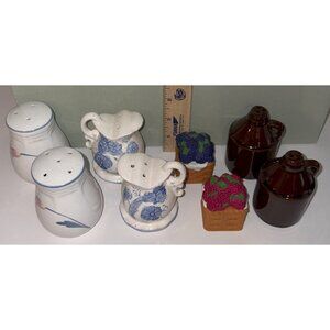 Vintage Salt Pepper Lot Shakers Floral Country Rural Fruit Pincher Jug Brown